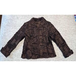Samuel Dong Textured Zip Front Top Brown Black Crinkle Shirt Women's Medium